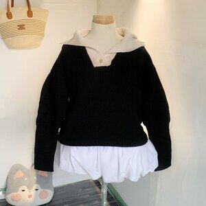 Black Knit Sweater Layered Hoodie Top